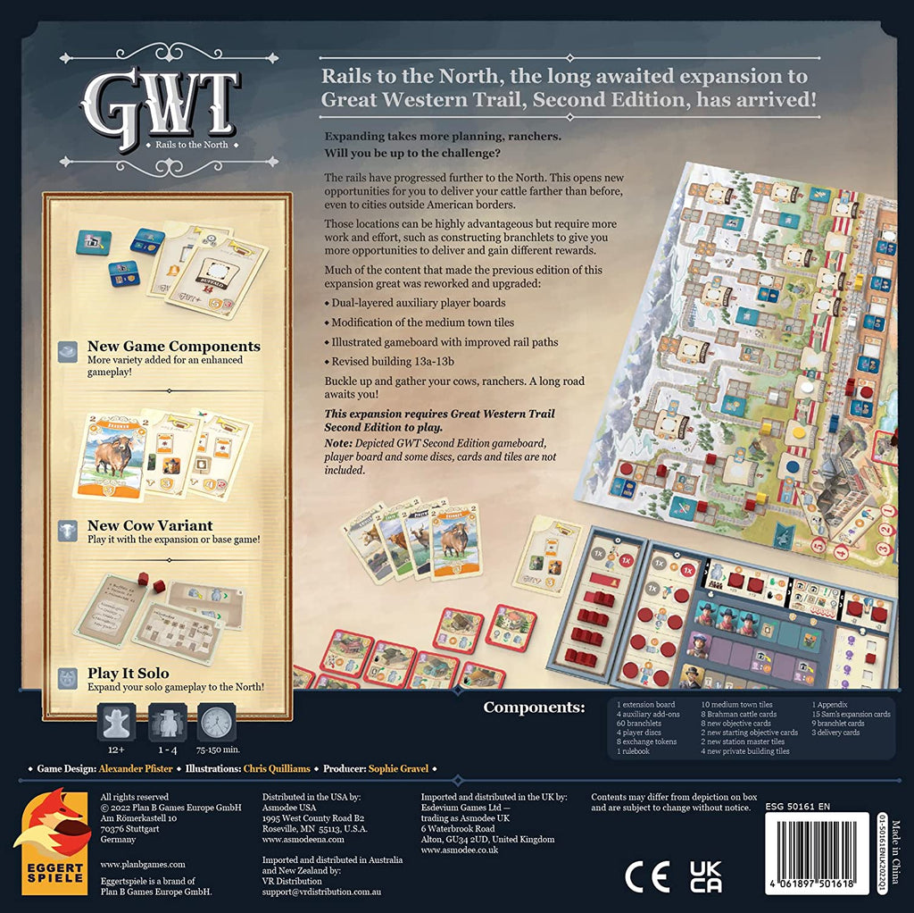 Eggertspiele Great Western Trail 2nd edition Rails to the North expansion board game box back with descriptions of novelties